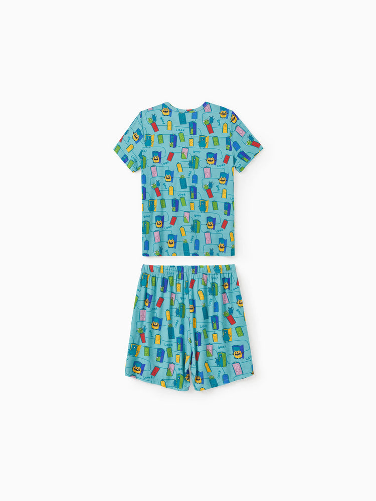 Pyjama familial en bambou imprimé dessin animé, ensemble de pyjama assorti à manches courtes (ajusté pour les enfants) vert