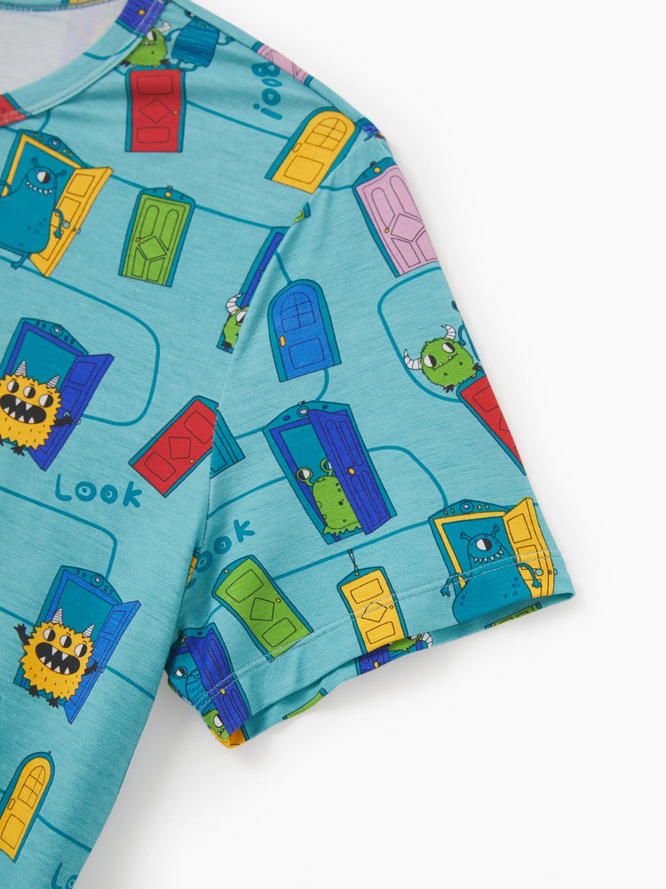 Pyjama familial en bambou imprimé dessin animé, ensemble de pyjama assorti à manches courtes (ajusté pour les enfants) vert