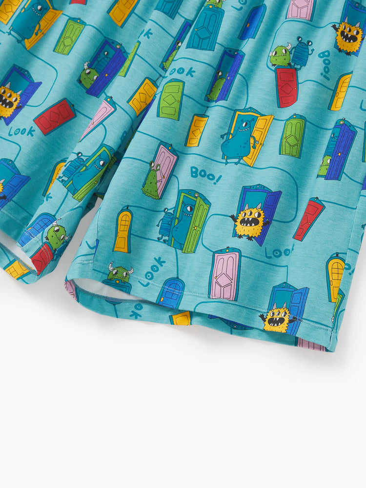 Pyjama familial en bambou imprimé dessin animé, ensemble de pyjama assorti à manches courtes (ajusté pour les enfants) vert