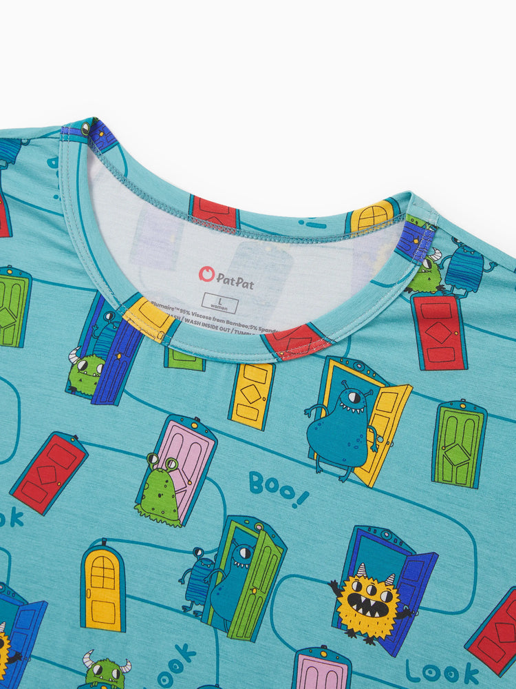 Pyjama familial en bambou imprimé dessin animé, ensemble de pyjama assorti à manches courtes (ajusté pour les enfants) vert