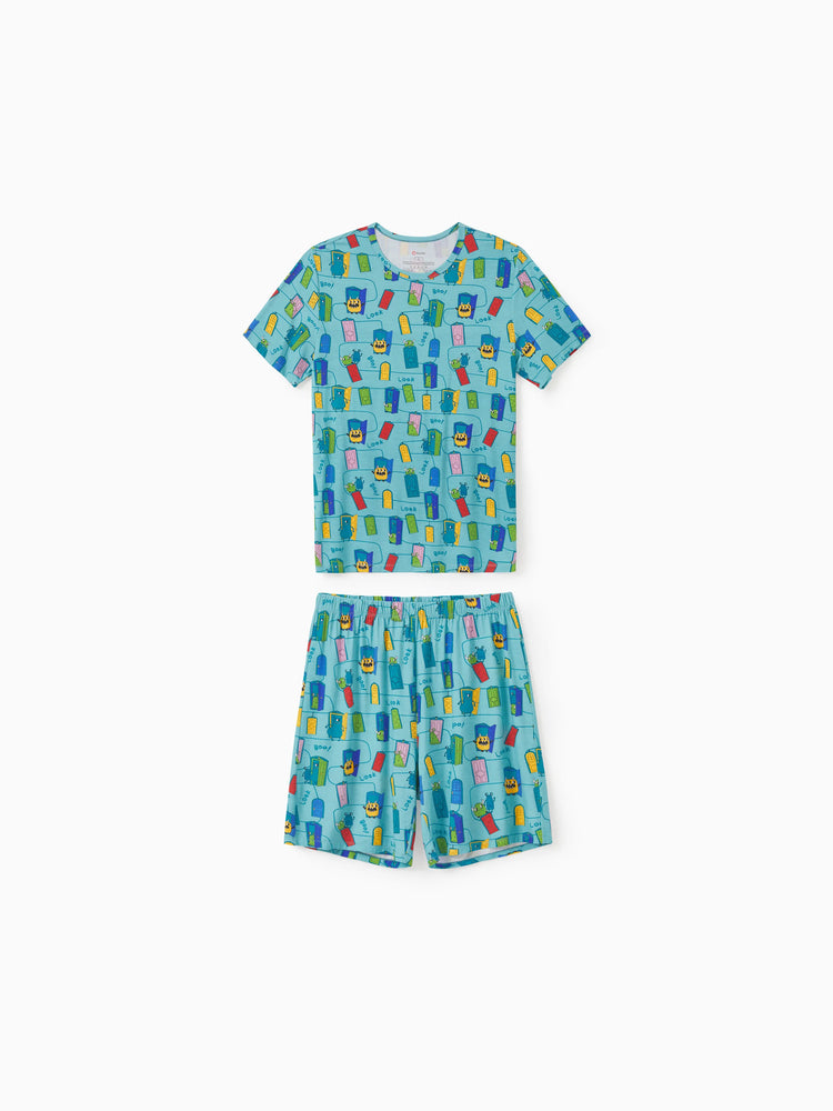 Pyjama familial en bambou imprimé dessin animé, ensemble de pyjama assorti à manches courtes (ajusté pour les enfants) vert