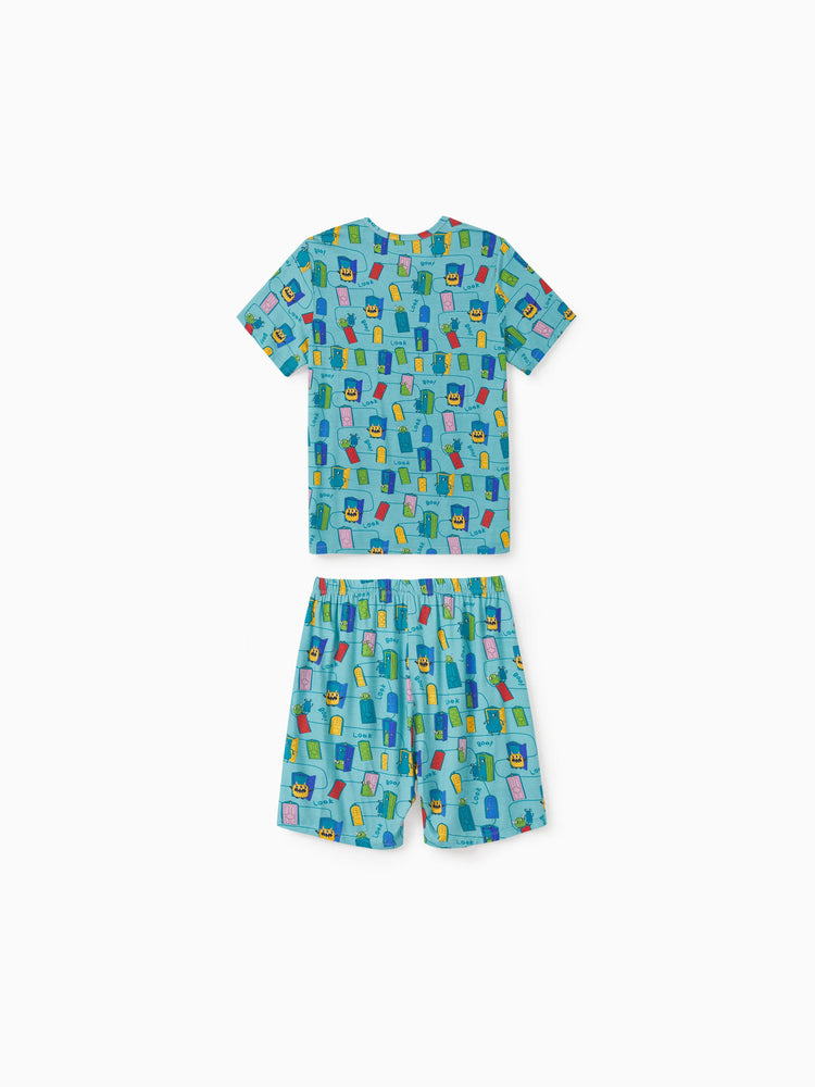 Pyjama familial en bambou imprimé dessin animé, ensemble de pyjama assorti à manches courtes (ajusté pour les enfants) vert