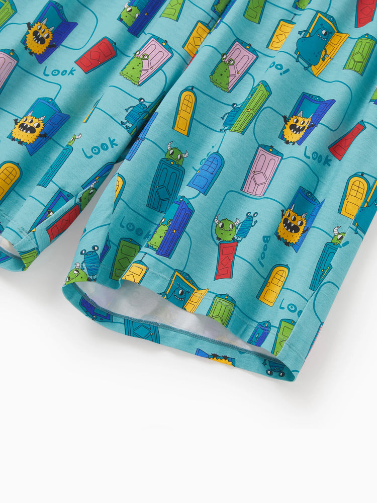 Daddy & Son Bamboo Family Pajamas Cartoon Print Short-sleeve Matching Pajama set ( Snug-Fitting for Children ) Green