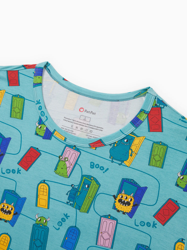 Pyjama familial en bambou imprimé dessin animé, ensemble de pyjama assorti à manches courtes (ajusté pour les enfants) vert