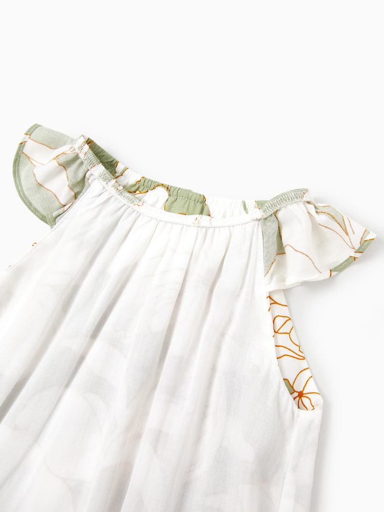 Matching Family Outfits Tropical Floral Print Strap Dress or Short-sleeve Colorblock Shirts Set Pale Green