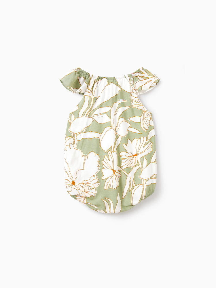 Matching Family Outfits Tropical Floral Print Strap Dress or Short-sleeve Colorblock Shirts Set Pale Green