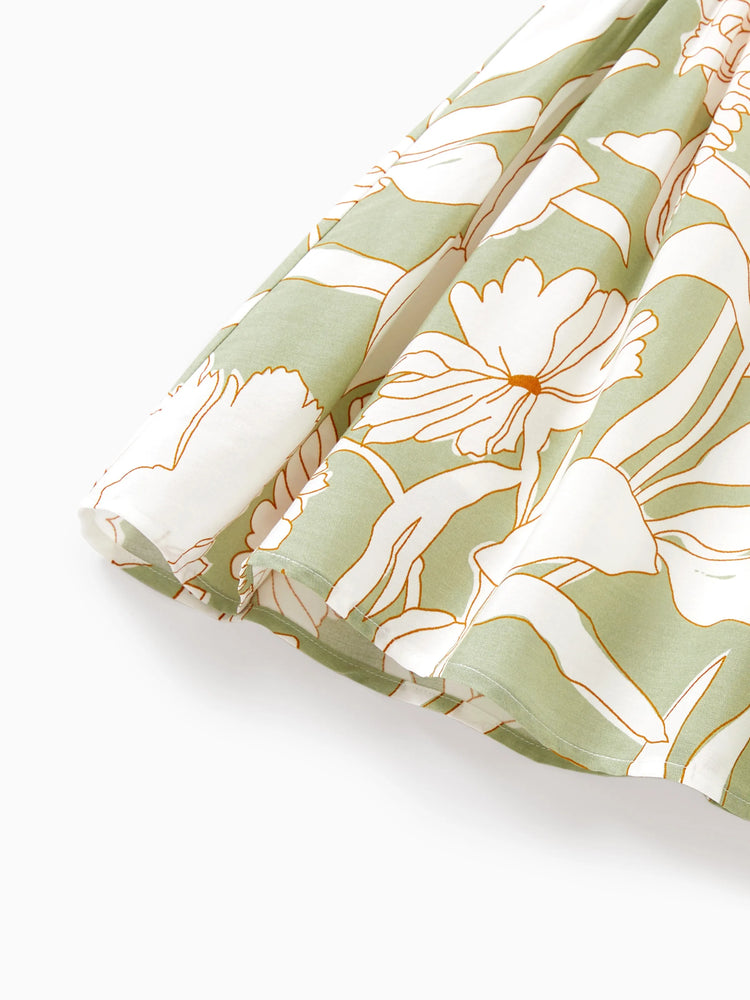 Matching Family Outfits Tropical Floral Print Strap Dress or Short-sleeve Colorblock Shirts Set Pale Green