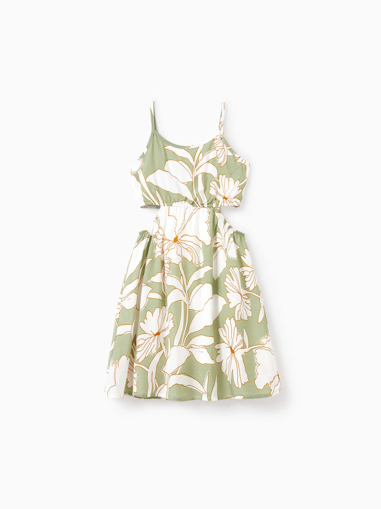 Matching Family Outfits Tropical Floral Print Strap Dress or Short-sleeve Colorblock Shirts Set Pale Green