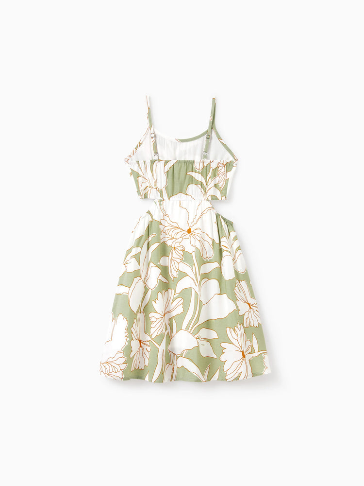 Matching Family Outfits Tropical Floral Print Strap Dress or Short-sleeve Colorblock Shirts Set Pale Green