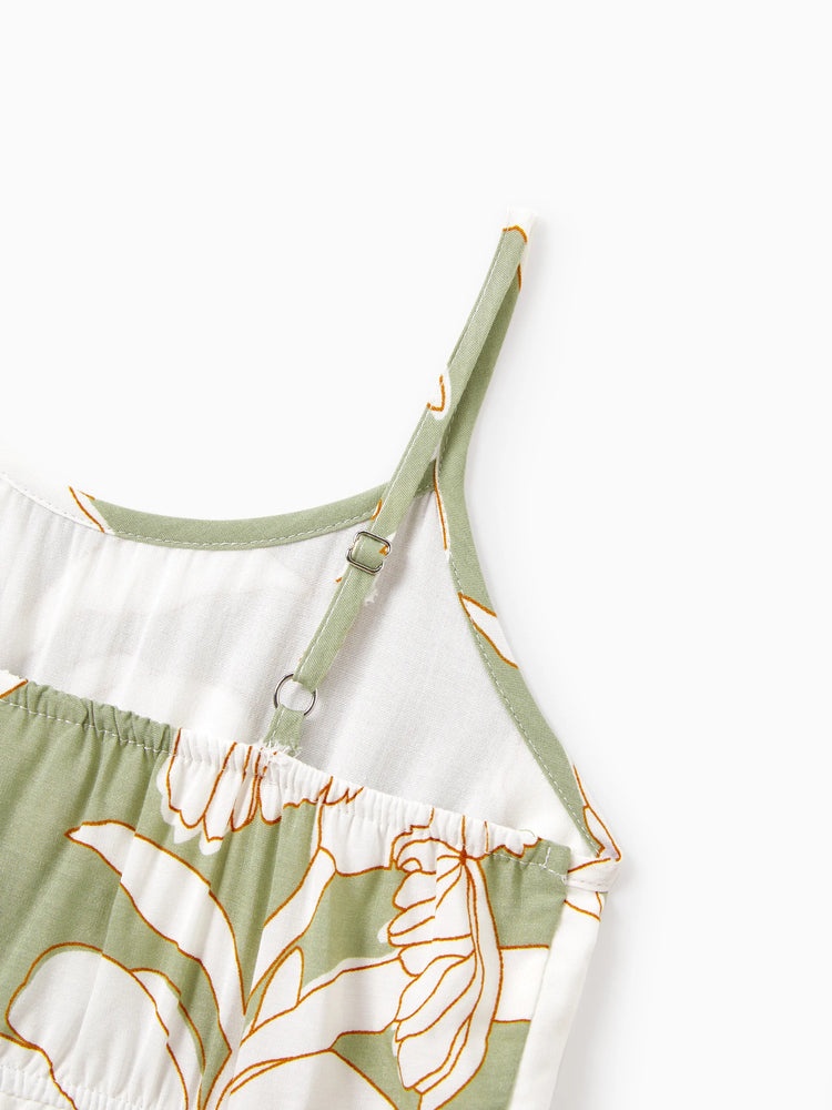 Matching Family Outfits Tropical Floral Print Strap Dress or Short-sleeve Colorblock Shirts Set Pale Green