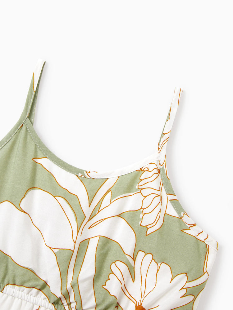Mommy & me Outfits Tropical Floral Print Strap Dress or Short-sleeve Colorblock Shirts Set Pale Green