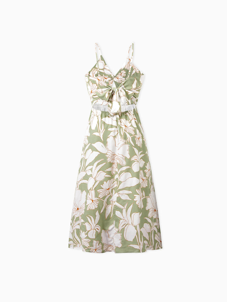 Matching Family Outfits Tropical Floral Print Strap Dress or Short-sleeve Colorblock Shirts Set Pale Green