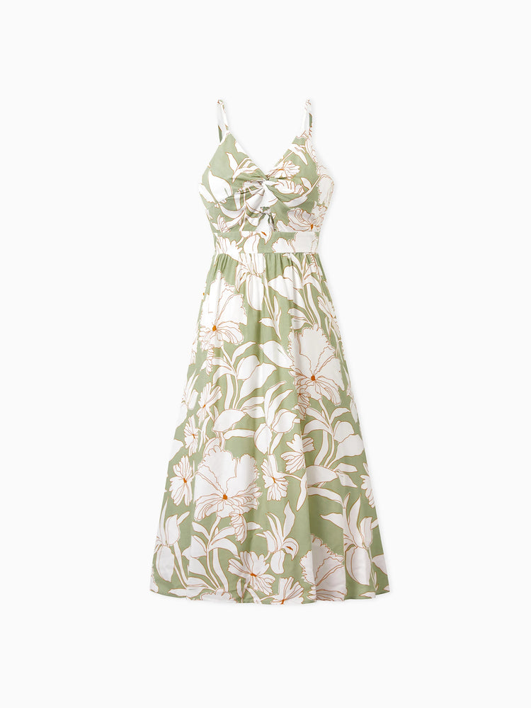 Matching Family Outfits Tropical Floral Print Strap Dress or Short-sleeve Colorblock Shirts Set Pale Green