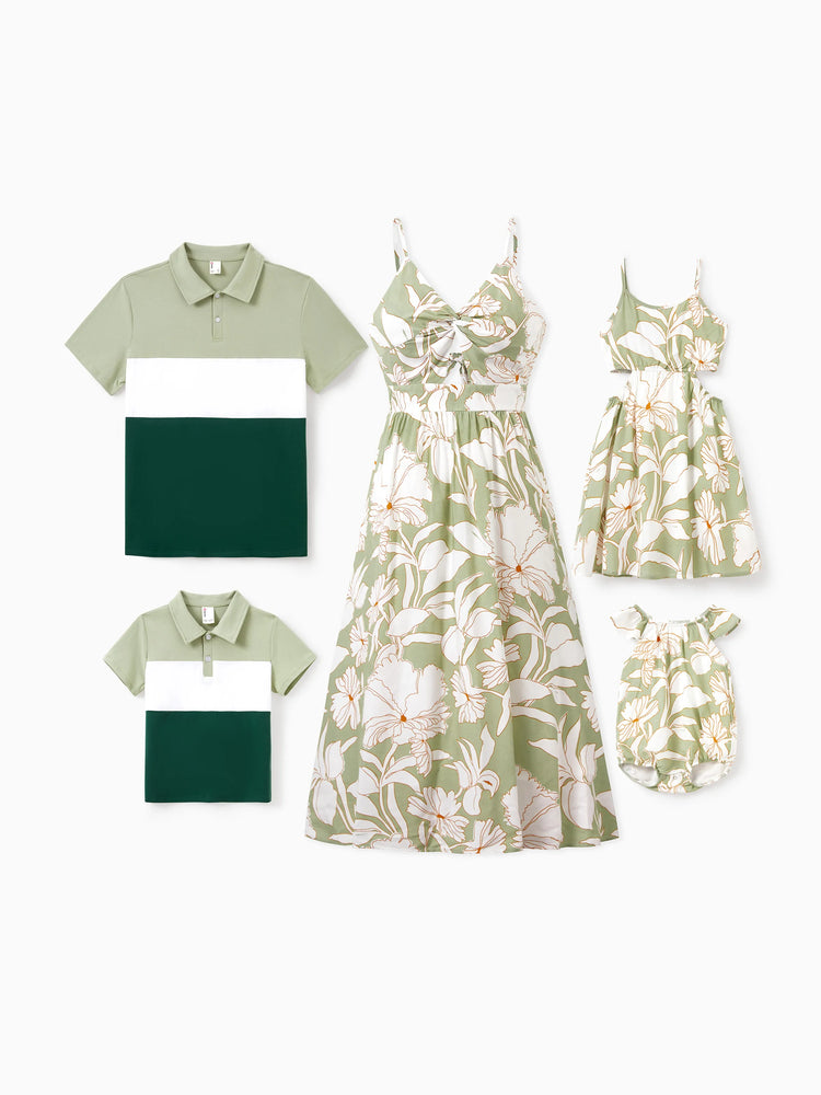 Daddy & Son Outfits Tropical Floral Print Strap Dress or Short-sleeve Colorblock Shirts Set Pale Green