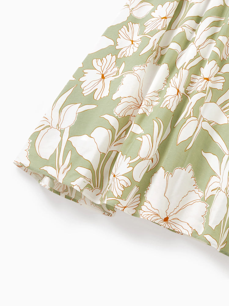 Matching Family Outfits Tropical Floral Print Strap Dress or Short-sleeve Colorblock Shirts Set Pale Green