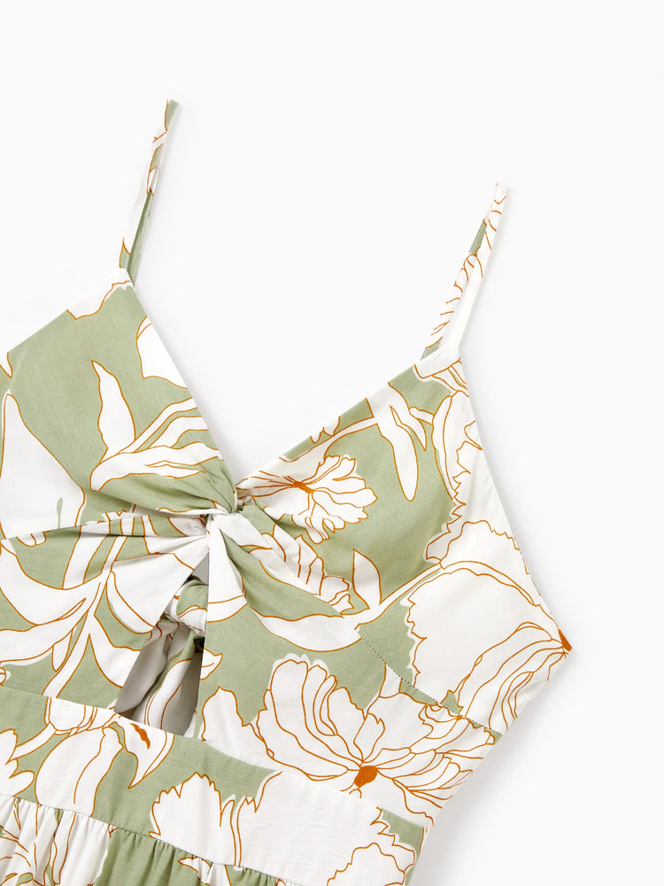 Matching Family Outfits Tropical Floral Print Strap Dress or Short-sleeve Colorblock Shirts Set Pale Green