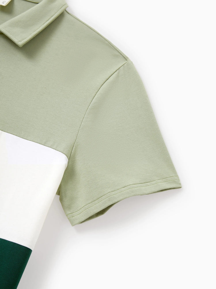 Daddy & Son Outfits Tropical Floral Print Strap Dress or Short-sleeve Colorblock Shirts Set Pale Green