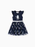 Harry Potter Toddler/Kid Girl Cotton Owl/College Print Ruffle-sleeve Mesh Dress Deep Blue