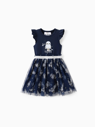 Robe en coton à manches volantées et imprimé hibou/université pour petite fille Harry Potter, bleu foncé