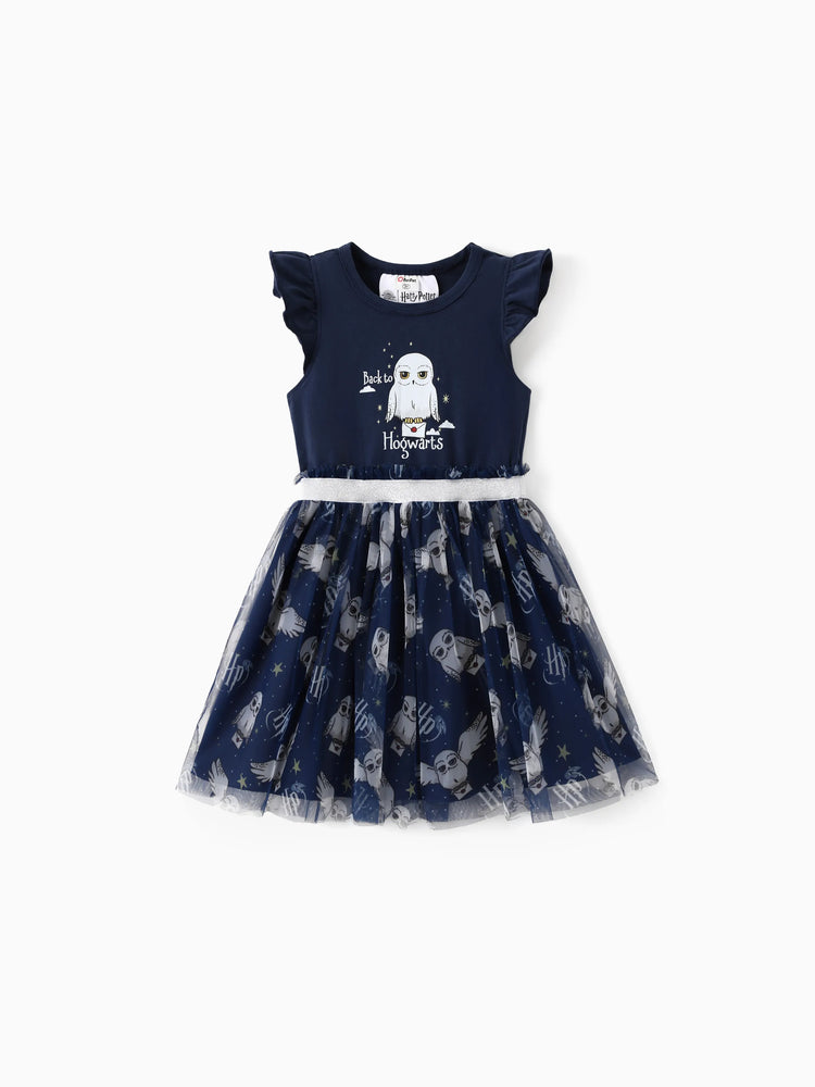 Harry Potter Toddler/Kid Girl Cotton Owl/College Print Ruffle-sleeve Mesh Dress Deep Blue