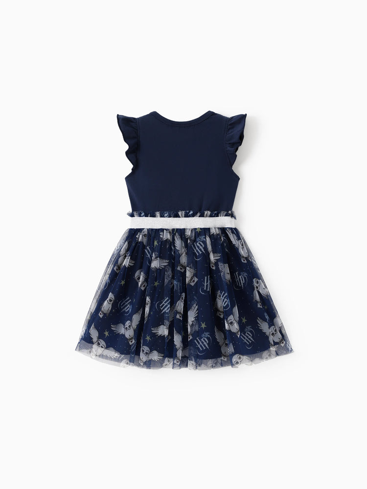 Harry Potter Toddler/Kid Girl Cotton Owl/College Print Ruffle-sleeve Mesh Dress Deep Blue