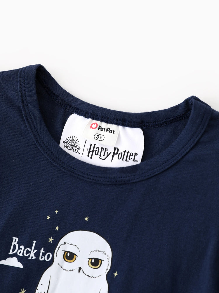 Harry Potter Toddler/Kid Girl Cotton Owl/College Print Ruffle-sleeve Mesh Dress Deep Blue