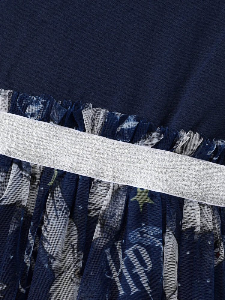 Harry Potter Toddler/Kid Girl Cotton Owl/College Print Ruffle-sleeve Mesh Dress Deep Blue