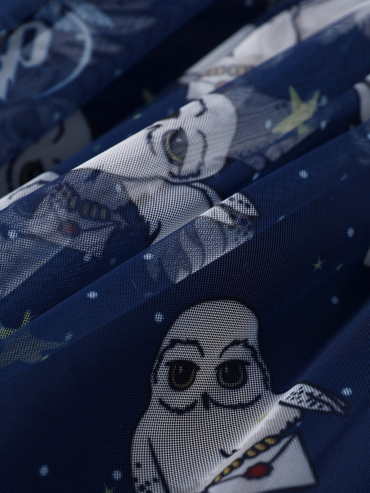 Harry Potter Toddler/Kid Girl Cotton Owl/College Print Ruffle-sleeve Mesh Dress Deep Blue