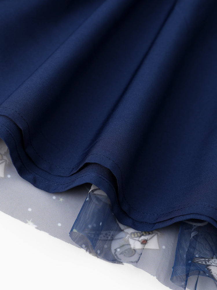 Harry Potter Toddler/Kid Girl Cotton Owl/College Print Ruffle-sleeve Mesh Dress Deep Blue