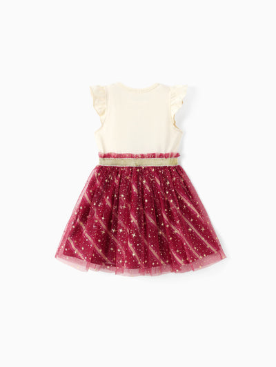 Harry Potter Toddler/Kid Girl Cotton Owl/College Print Ruffle-sleeve Mesh Dress Burgundy