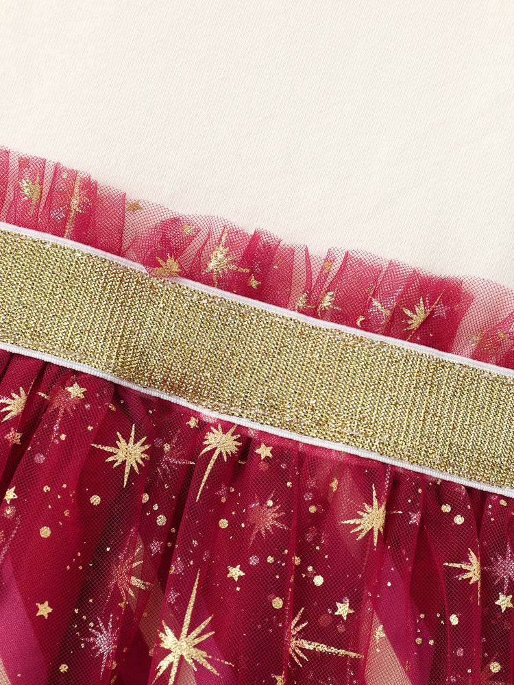 Harry Potter Toddler/Kid Girl Cotton Owl/College Print Ruffle-sleeve Mesh Dress Burgundy