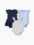 3-piece bamboo baby girl romper set, solid color, blue.