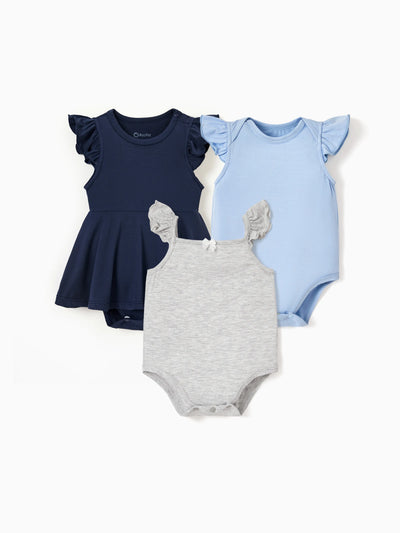 3-piece bamboo baby girl romper set, solid color, blue.