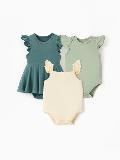 3-piece bamboo baby girl romper set, solid color, green.