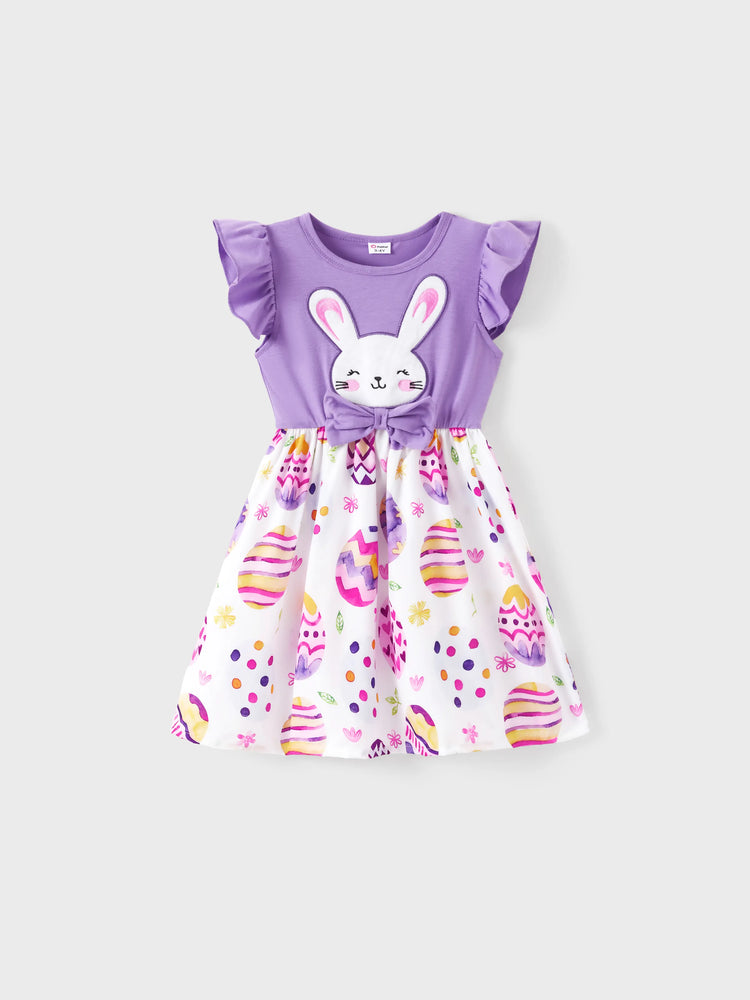 Easter Toddler Girl Rabbit Print Flutter-sleeve Dress Purple
