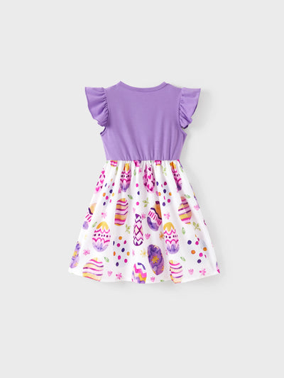 Easter Toddler Girl Rabbit Print Flutter-sleeve Dress Purple