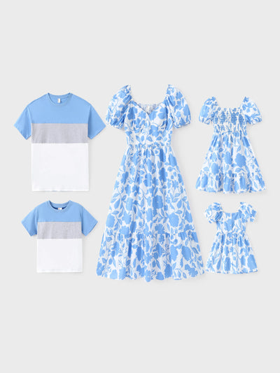 Family Matching Outfits Blue and White Floral Print Dress or Colorblock T-Shirt Summer Vacation Set Blue