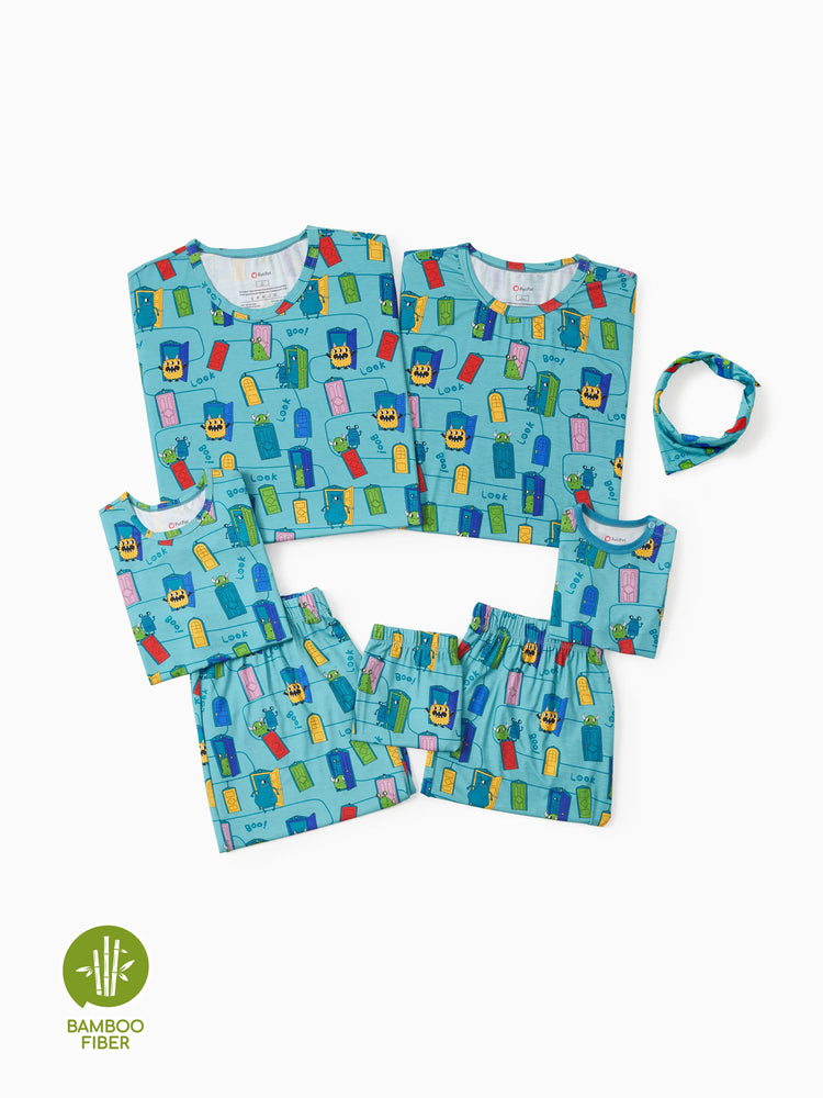 Pyjama familial en bambou imprimé dessin animé, ensemble de pyjama assorti à manches courtes (ajusté pour les enfants) vert