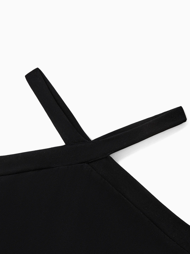 Conjunto familiar a juego para mamá y yo: pantalones cortos con estampado de hojas tropicales y top halter cruzado en negro