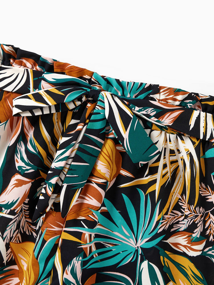 Conjunto familiar a juego para mamá y yo: pantalones cortos con estampado de hojas tropicales y top halter cruzado en negro