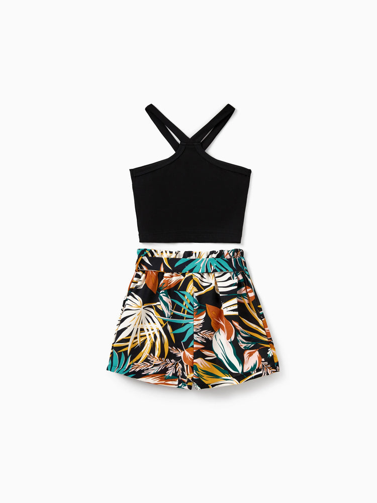 Conjunto familiar a juego para mamá y yo: pantalones cortos con estampado de hojas tropicales y top halter cruzado en negro