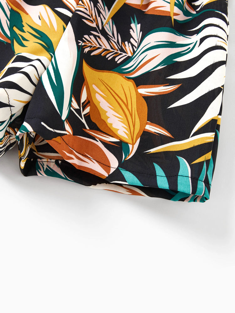 Conjunto familiar a juego para mamá y yo: pantalones cortos con estampado de hojas tropicales y top halter cruzado en negro