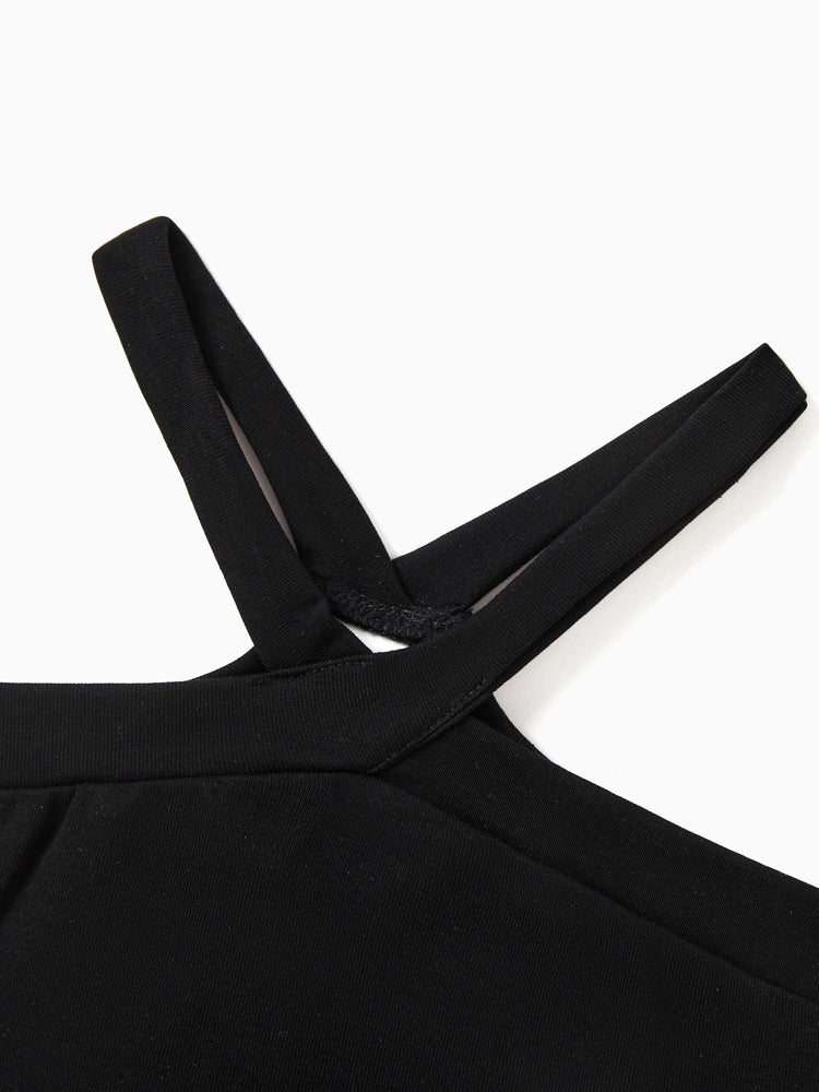 Conjunto familiar a juego para mamá y yo: pantalones cortos con estampado de hojas tropicales y top halter cruzado en negro