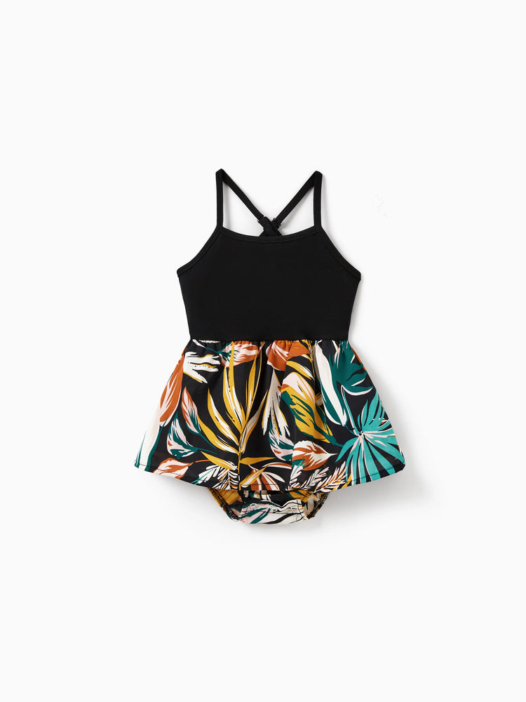 Conjunto familiar a juego para mamá y yo: pantalones cortos con estampado de hojas tropicales y top halter cruzado en negro