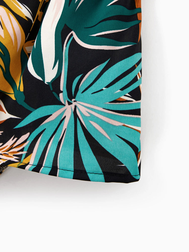 Conjunto familiar a juego para mamá y yo: pantalones cortos con estampado de hojas tropicales y top halter cruzado en negro