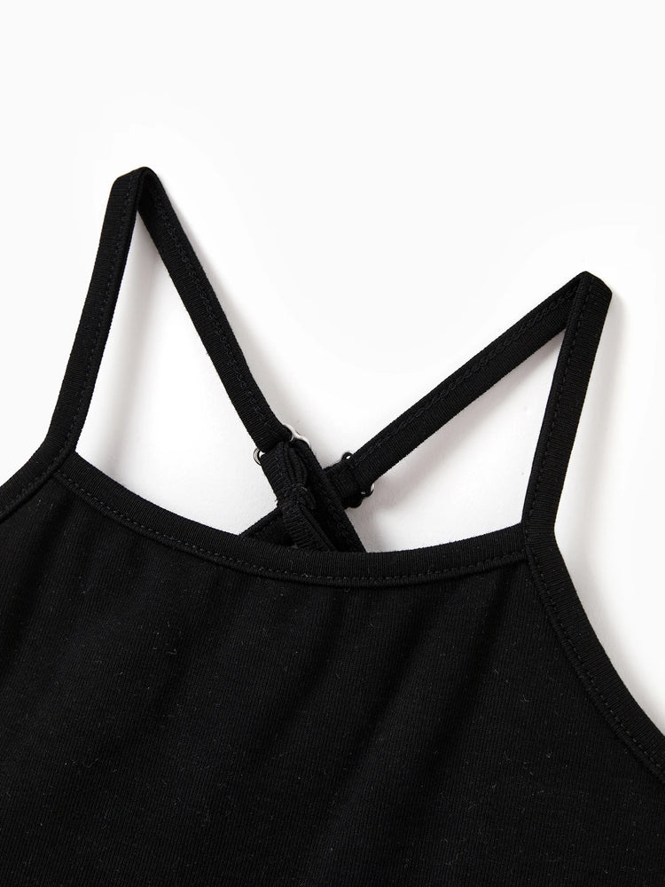 Conjunto familiar a juego para mamá y yo: pantalones cortos con estampado de hojas tropicales y top halter cruzado en negro