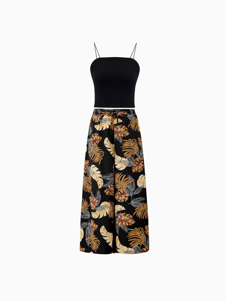Mommy & me Floral Print Beach Wear Camisole top and Wide-Leg Pants Set for Summer Vacation Family Looks Black+White