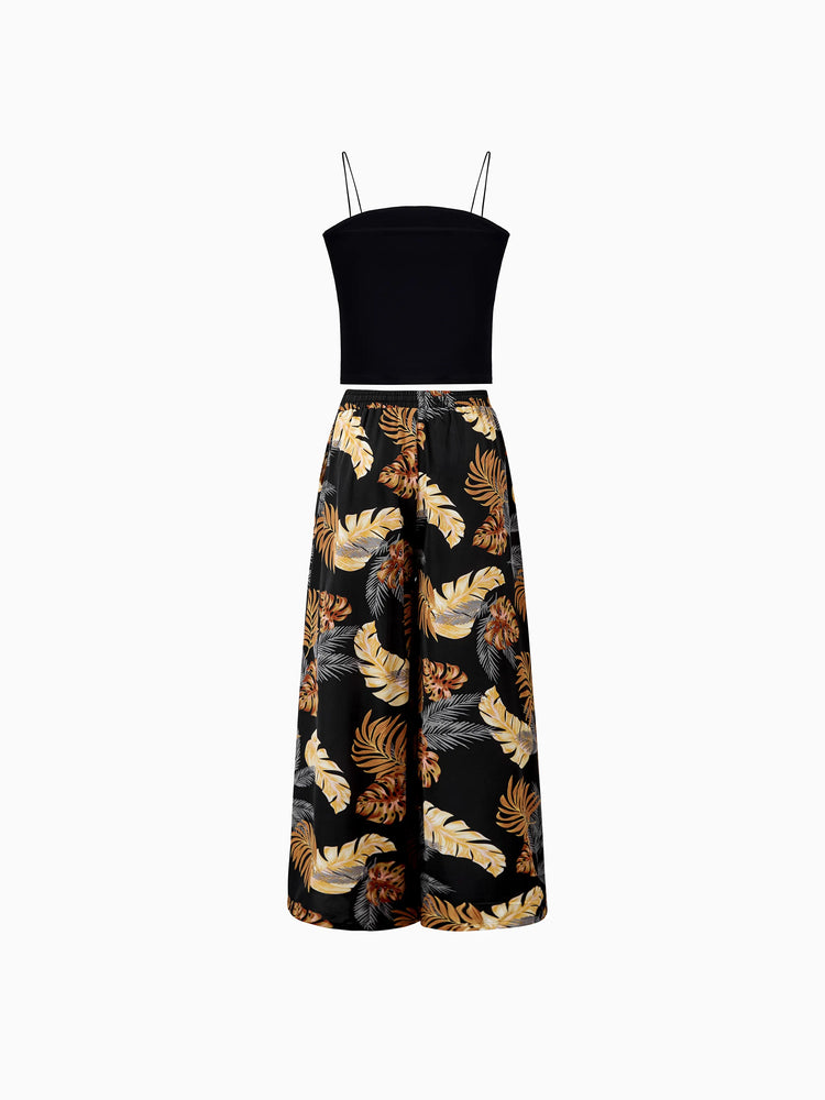 Mommy & me Floral Print Beach Wear Camisole top and Wide-Leg Pants Set for Summer Vacation Family Looks Black+White