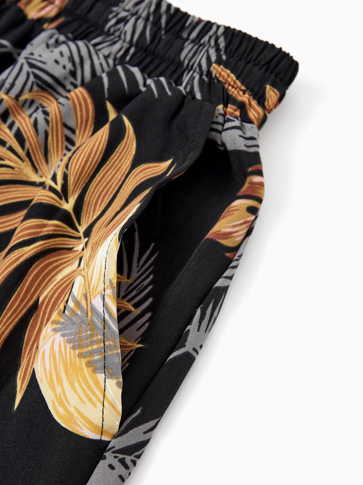 Ensemble de plage à imprimé floral assorti pour toute la famille, chemise à manches courtes ou haut caraco et pantalon large pour les vacances d'été, noir et blanc