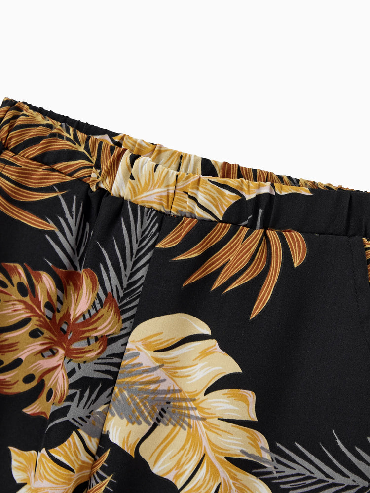 Ensemble de plage à imprimé floral assorti pour toute la famille, chemise à manches courtes ou haut caraco et pantalon large pour les vacances d'été, noir et blanc